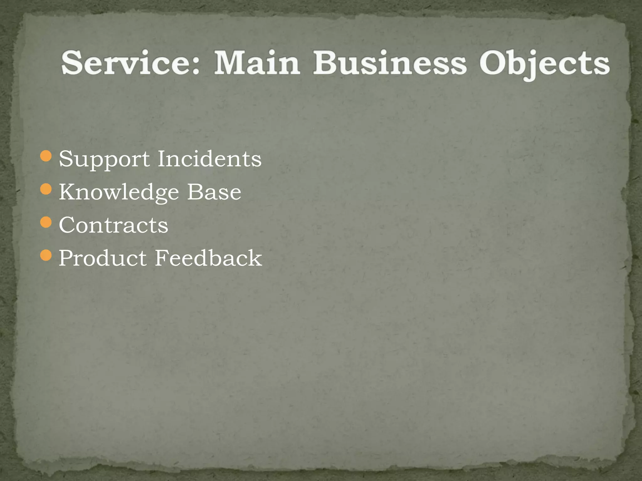 Support Incidents
Knowledge Base
Contracts
Product Feedback
 