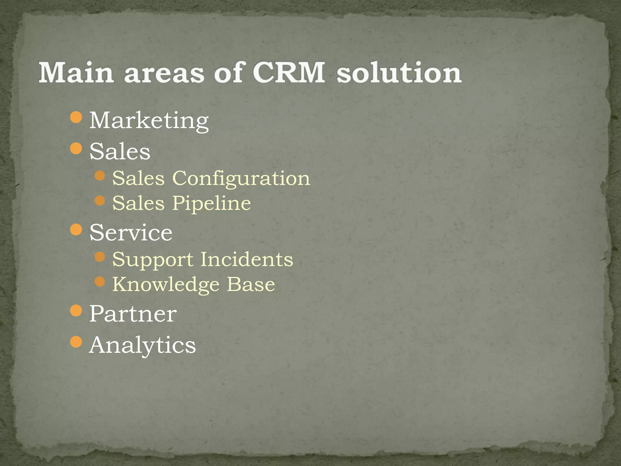 Marketing
Sales
  Sales Configuration
  Sales Pipeline
Service
  Support Incidents
  Knowledge Base
Partner
Analytics
 