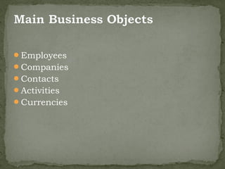 Employees
Companies
Contacts
Activities
Currencies
 
