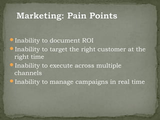 Inability to document ROI
Inability to target the right customer at the
 right time
Inability to execute across multiple
 channels
Inability to manage campaigns in real time
 