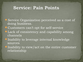 Service Organization perceived as a cost of
 doing business.
Customers can’t opt for self-service
Lack of consistency and capability among
 channels
Inability to leverage internal knowledge
 sources
Inability to view/act on the entire customer
 relationship
 