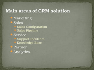 Marketing
Sales
  Sales Configuration
  Sales Pipeline
Service
  Support Incidents
  Knowledge Base
Partner
Analytics
 