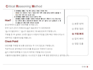 Critical Reasoning Method
? Mr. B
 ?? ??
 ?? ??
 ?? ??
 ?? ??
 ?? ??
? ???? ??? ???? ?????.
?? (X? Z?? ????)@? ????? ?????
@-1? ????., @-2? ????.? MECE?? ?????.
??? ? ? ??? ??? ??? ??? ??? ?? ?? ??????
???? ?????? ????.
How?
Check Point!
???? ??? ? ?? ???? ? ?? ??? ?????.
????? ???? ????? ???? ???? ???
@? ??? ??? ? ??? ??? ??? ?? ???
?????? ?? ???? ????? ?? ?? ?? ????? ?????.
 
