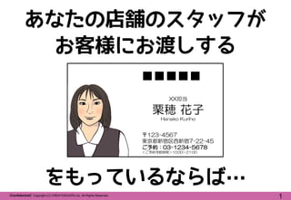 あなたの店舗のスタッフが
お客様にお渡しする
■■■■■
XX担当

栗穂 花子
Hanako Kuriho

〒123-4567
東京都新宿区西新宿7-22-45
ご予約：03-1234-5678
＜ご予約可能時間＞10:00～21:00

...