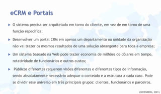 eCRM e Portais


O sistema precisa ser arquitetado em torno do cliente, em vez de em torno de uma
função específica;



Desenvolver um portal CRM em apenas um departamento ou unidade da organização
não vai trazer os mesmos resultados de uma solução abrangente para toda a empresa;



Um sistema baseado na Web pode trazer economia de milhões de dólares em tempo,
rotatividade de funcionários e outros custos;



Públicos diferentes requerem visões diferentes e diferentes tipos de informação,
sendo absolutamente necessário adequar o conteúdo e a estrutura a cada caso. Pode
se dividir esse universo em três principais grupos: clientes, funcionários e parceiros.
(GREENBERG, 2001)

 