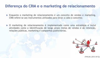 Diferença do CRM e o marketing de relacionamento


Enquanto o marketing de relacionamento é um conceito de vendas e marketing,
CRM refere-se aos instrumentos utilizados para levar a cabo o conceito;



O marketing de relacionamento é implementado como uma estratégia e inclui
atividades como a identificação de longo prazo metas de vendas e de retenção,
relações públicas, marketing e campanhas publicitárias.

(FINSLAB, [2012-2013]).

 