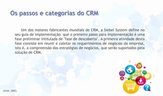 Os passos e categorias do CRM
Um dos maiores fabricantes mundiais de CRM, a Siebel System define no
seu guia de implementação que o primeiro passo para implementação é uma
fase preliminar intitulada de "fase de descoberta". A primeira atividade desta
fase consiste em reunir e coletar os requerimentos de negócios da empresa,
isto é, a compreensão das estratégias de negócios, que serão suportados pela
solução de CRM.

(SILVA, 2002).

 
