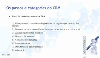 Os passos e categorias do CRM


Plano de desenvolvimento de CRM

1) Planejamento com análise de processos de negócios por uma equipe
senior;
2) Pesquisa sobre as necessidades da organização, estrutura, cultura, etc.;
3) Análise dos sistemas internos;
4) Desenho da solução;
5) Construção da solução;
6) Implementação;
7) Manutenção e documentação;
8) Adaptação.
(SILVA, 2002).

 