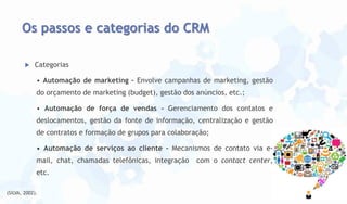Os passos e categorias do CRM


Categorias
• Automação de marketing - Envolve campanhas de marketing, gestão
do orçamento de marketing (budget), gestão dos anúncios, etc.;
• Automação de força de vendas - Gerenciamento dos contatos e
deslocamentos, gestão da fonte de informação, centralização e gestão
de contratos e formação de grupos para colaboração;

• Automação de serviços ao cliente - Mecanismos de contato via email, chat, chamadas telefônicas, integração
etc.
(SILVA, 2002).

com o contact center,

 
