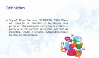 Definições


Segundo Brent Frei, em (GREENBERG, 2001) CRM é
um conjunto de processos e tecnologias para
gerenciar relacionamentos com clientes efetivos e
potenciais e com parceiros de negócios por meio do
marketing, vendas e serviços, independentemente
do canal de comunicação.

 