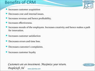 Benefits of CRM
 Increases customer acquisition
 Decreases cost and internal issues.
 Increases revenue and hence profitability.
 Increases effectiveness.
 Increases morale of the employees. Increases creativity and hence makes a path
for innovation.
 Increases customer satisfaction
 Decreases errors and time loss.
 Decreases customer’s complaints.
 Increases customer loyalty
www.a2zmba.com
Customers are an investment. Maximize your return.
PeopleSoft Ad
 