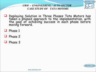  Deploying Solution in Three Phases Tata Motors has
taken a phased approach to the implementation, with
the goal of achieving success in each phase before
moving forward.
 Phase 1
 Phase 2
 Phase 3
CRM - ENGINEERING / AUTO SECTOR
CASE STUDY OF TATA MOTORS
www.a2zmba.com
 