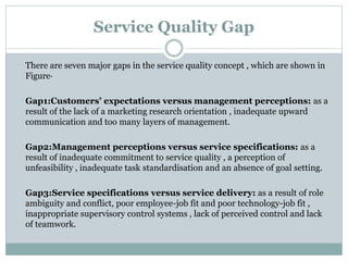Service Quality Gap
There are seven major gaps in the service quality concept , which are shown in
Figure·
Gap1:Customers’ expectations versus management perceptions: as a
result of the lack of a marketing research orientation , inadequate upward
communication and too many layers of management.
Gap2:Management perceptions versus service specifications: as a
result of inadequate commitment to service quality , a perception of
unfeasibility , inadequate task standardisation and an absence of goal setting.
Gap3:Service specifications versus service delivery: as a result of role
ambiguity and conflict, poor employee-job fit and poor technology-job fit ,
inappropriate supervisory control systems , lack of perceived control and lack
of teamwork.
 