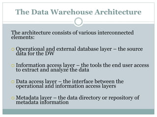 The Data Warehouse Architecture
The architecture consists of various interconnected
elements:
 Operational and external database layer – the source
data for the DW
 Information access layer – the tools the end user access
to extract and analyze the data
 Data access layer – the interface between the
operational and information access layers
 Metadata layer – the data directory or repository of
metadata information
 