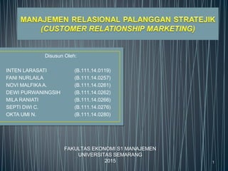 1
Disusun Oleh:
INTEN LARASATI (B.111.14.0119)
FANI NURLAILA (B.111.14.0257)
NOVI MALFIKA A. (B.111.14.0261)
DEWI PURWANINGSIH (B.111.14.0262)
MILA RANIATI (B.111.14.0266)
SEPTI DWI C. (B.111.14.0276)
OKTA UMI N. (B.111.14.0280)
FAKULTAS EKONOMI S1 MANAJEMEN
UNIVERSITAS SEMARANG
2015
 