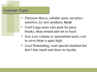 Customer Types
• Platinum Heavy, reliable users, not price-
sensitive, try new products, loyal
• Gold Large users who push for price
breaks, shop around and not so loyal
• Iron Low volume or intermittent users; cost
to serve them is quite high
• Lead Demanding, want special attention but
don’t buy much and show no loyalty
 