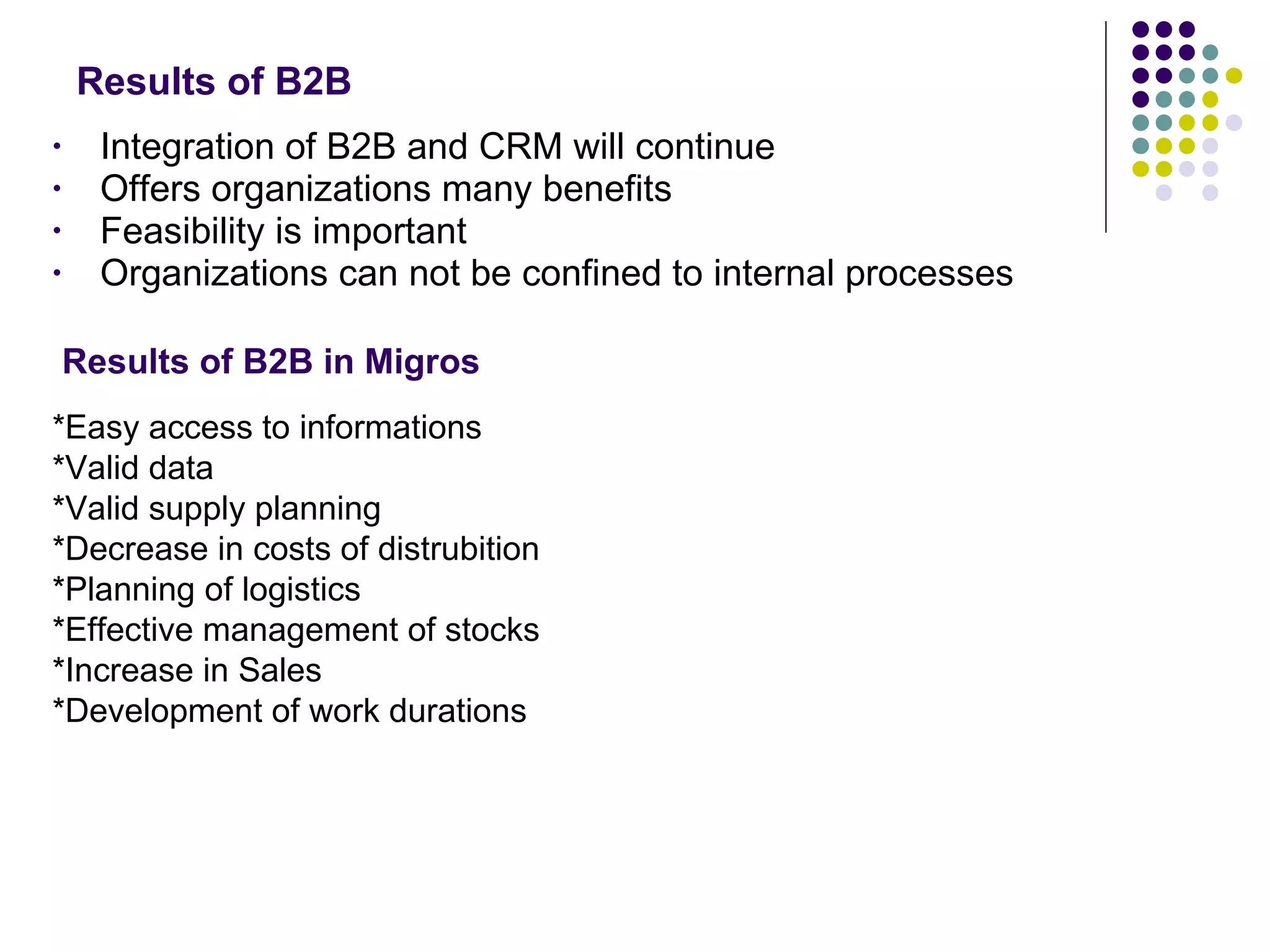 Results of B2B Integration of B2B and CRM will continue Offers organizations many benefits Feasibility is important Organizations can not be confined to internal processes Results of B2B in Migros *Easy access to informations *Valid data *Valid supply planning *Decrease in costs of distrubition *Planning of logistics *Effective management of stocks *Increase in Sales *Development of work durations 
