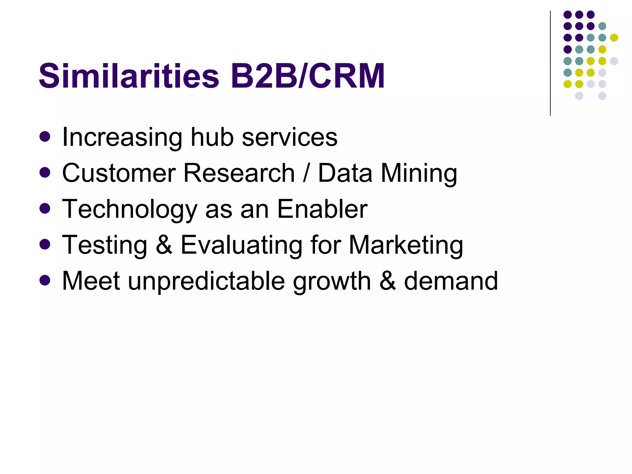 Similarities B2B/CRM Increasing hub services Customer Research / Data Mining Technology as an Enabler  Testing & Evaluating for Marketing  Meet unpredictable growth & demand 