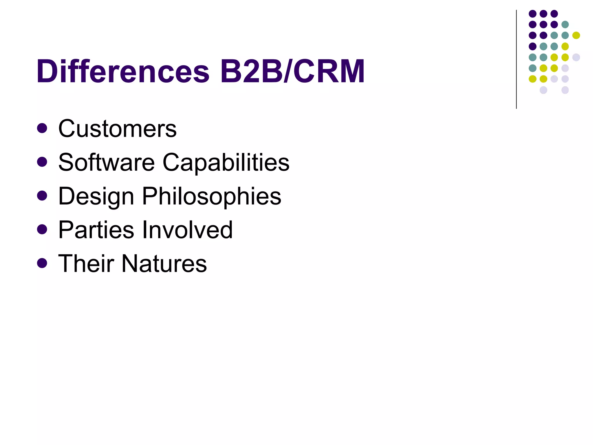 Differences B2B/CRM Customers Software Capabilities Design Philosophies Parties Involved Their Natures 