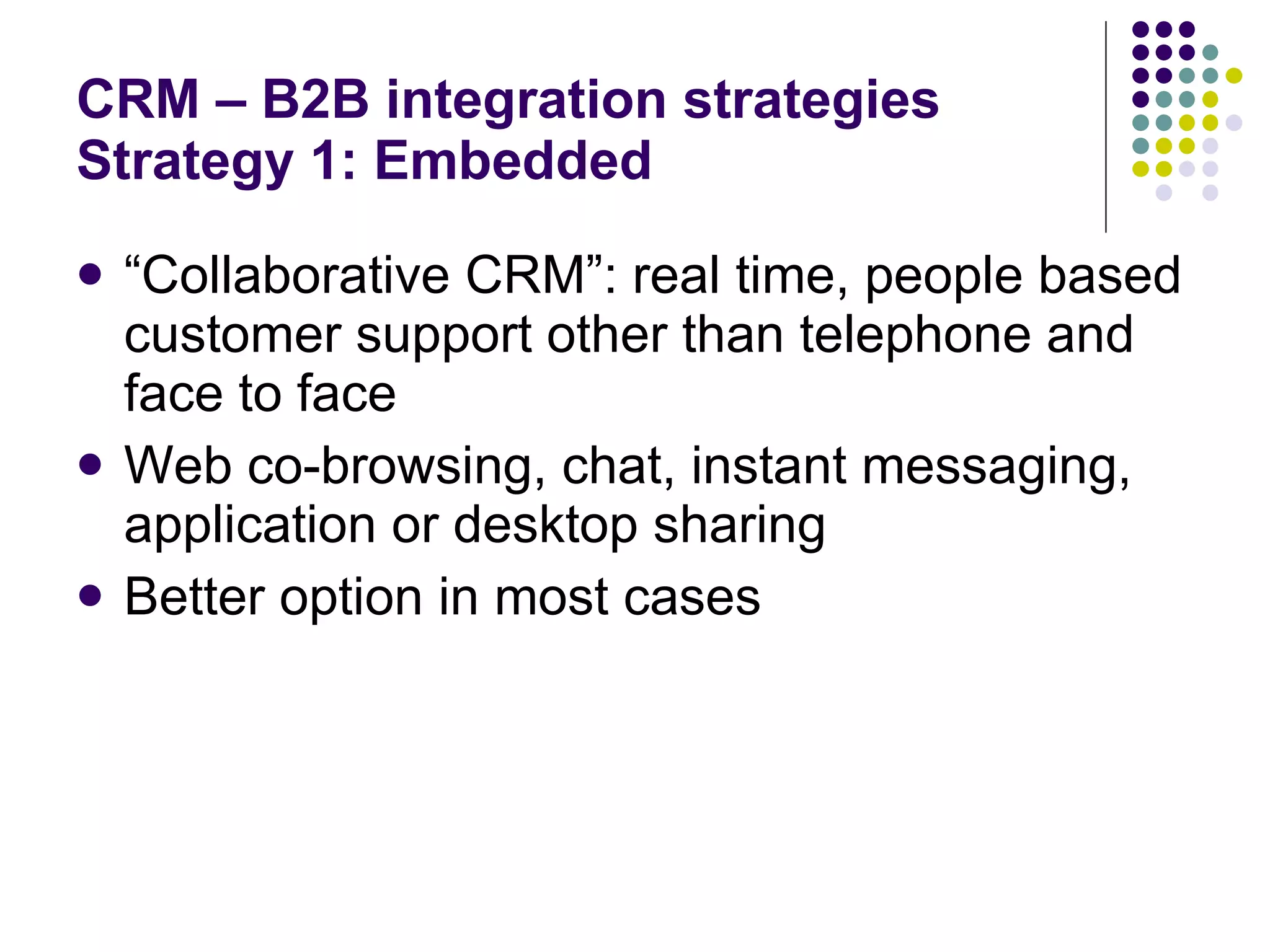 CRM – B2B integration strategies Strategy 1: Embedded “ Collaborative CRM”: real time, people based customer support other than telephone and face to face Web co-browsing, chat, instant messaging, application or desktop sharing Better option in most cases 