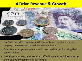 4.Drive Revenue & Growth
• Big Data provides companies with accurate performance metrics,
helping them to make more informed decisions.
• Sales team can generate leads and close deals faster knowing their
target audience.
• Moreover your customer service staff will have more information at
their disposal when serving customers.
 