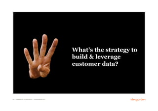 What’s the strategy to
                                                      build & leverage
                                                      customer data?




45 // COMMERCIAL IN CONFIDENCE // © IDEAGARDEN 2010
 