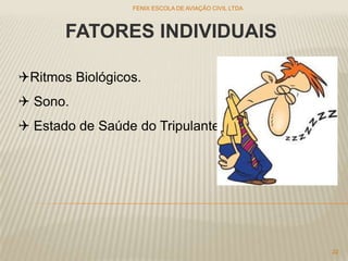 FATORES INDIVIDUAIS
Ritmos Biológicos.
 Sono.
 Estado de Saúde do Tripulante.
FENIX ESCOLA DE AVIAÇÃO CIVIL LTDA
22
 
