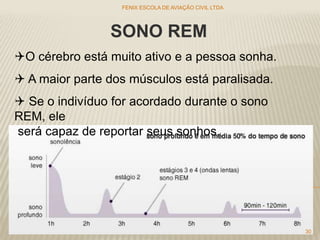 SONO REM
O cérebro está muito ativo e a pessoa sonha.
 A maior parte dos músculos está paralisada.
 Se o indivíduo for acordado durante o sono
REM, ele
será capaz de reportar seus sonhos.
FENIX ESCOLA DE AVIAÇÃO CIVIL LTDA
30
 