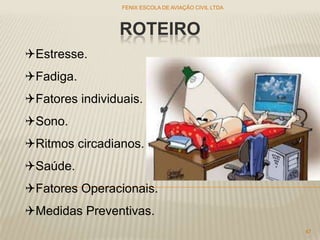ROTEIRO
FENIX ESCOLA DE AVIAÇÃO CIVIL LTDA
47
Estresse.
Fadiga.
Fatores individuais.
Sono.
Ritmos circadianos.
Saúde.
Fatores Operacionais.
Medidas Preventivas.
 
