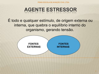 AGENTE ESTRESSOR
FENIX ESCOLA DE AVIAÇÃO CIVIL LTDA
7
É todo e qualquer estímulo, de origem externa ou
interna, que quebra o equilíbrio interno do
organismo, gerando tensão.
FONTES
EXTERNAS
FONTES
INTERNAS
 