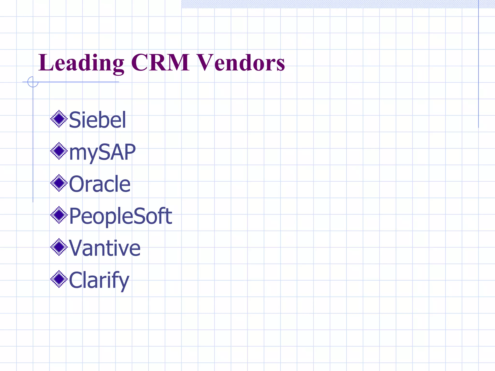 Leading CRM Vendors Siebel mySAP  Oracle  PeopleSoft Vantive Clarify 