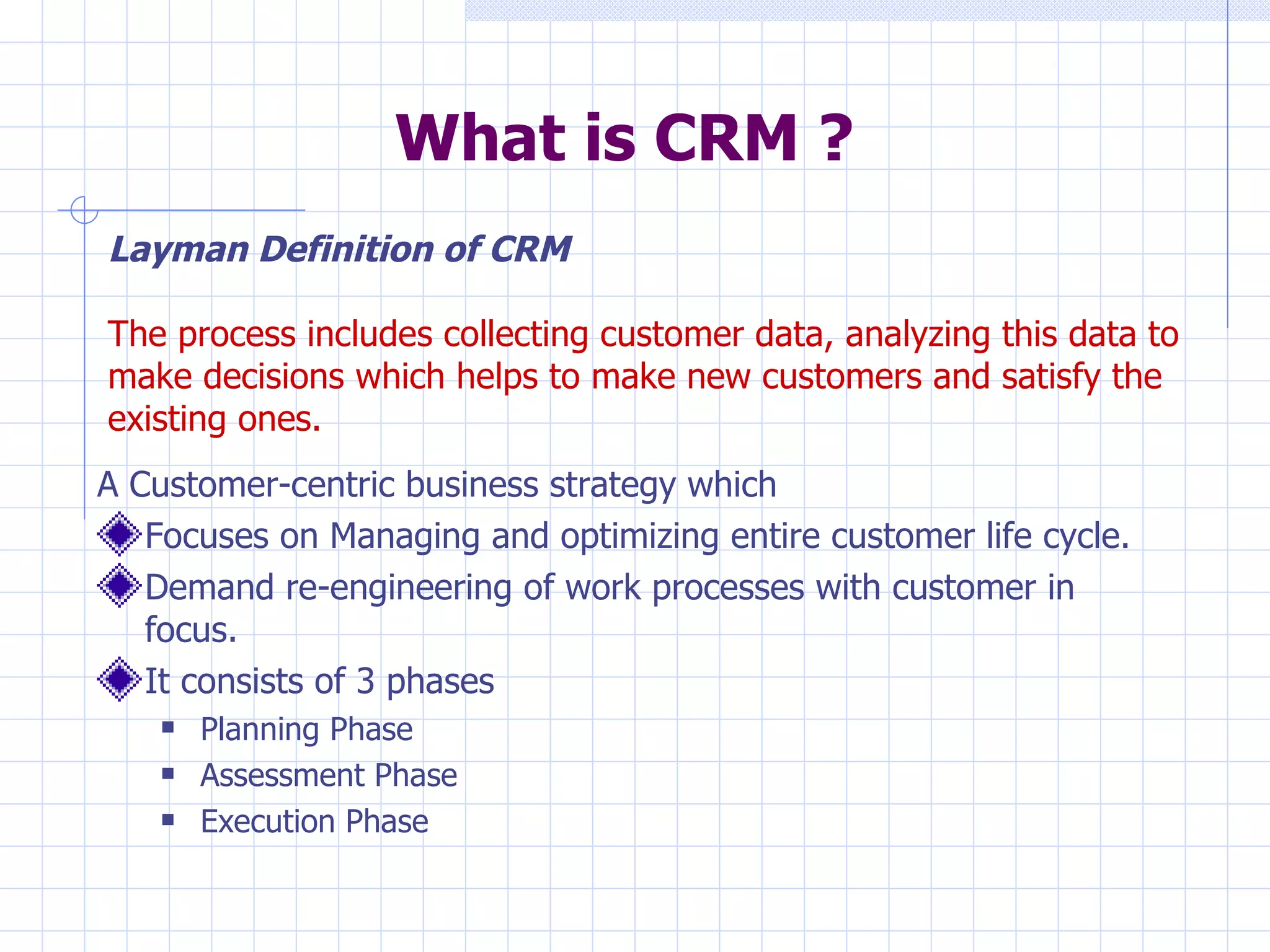 What is CRM ? A Customer-centric business strategy which Focuses on Managing and optimizing entire customer life cycle. Demand re-engineering of work processes with customer in focus. It consists of 3 phases Planning Phase Assessment Phase Execution Phase Layman Definition of CRM The process includes   collecting customer data, analyzing this data to make decisions which helps to make new customers and satisfy the existing ones. 