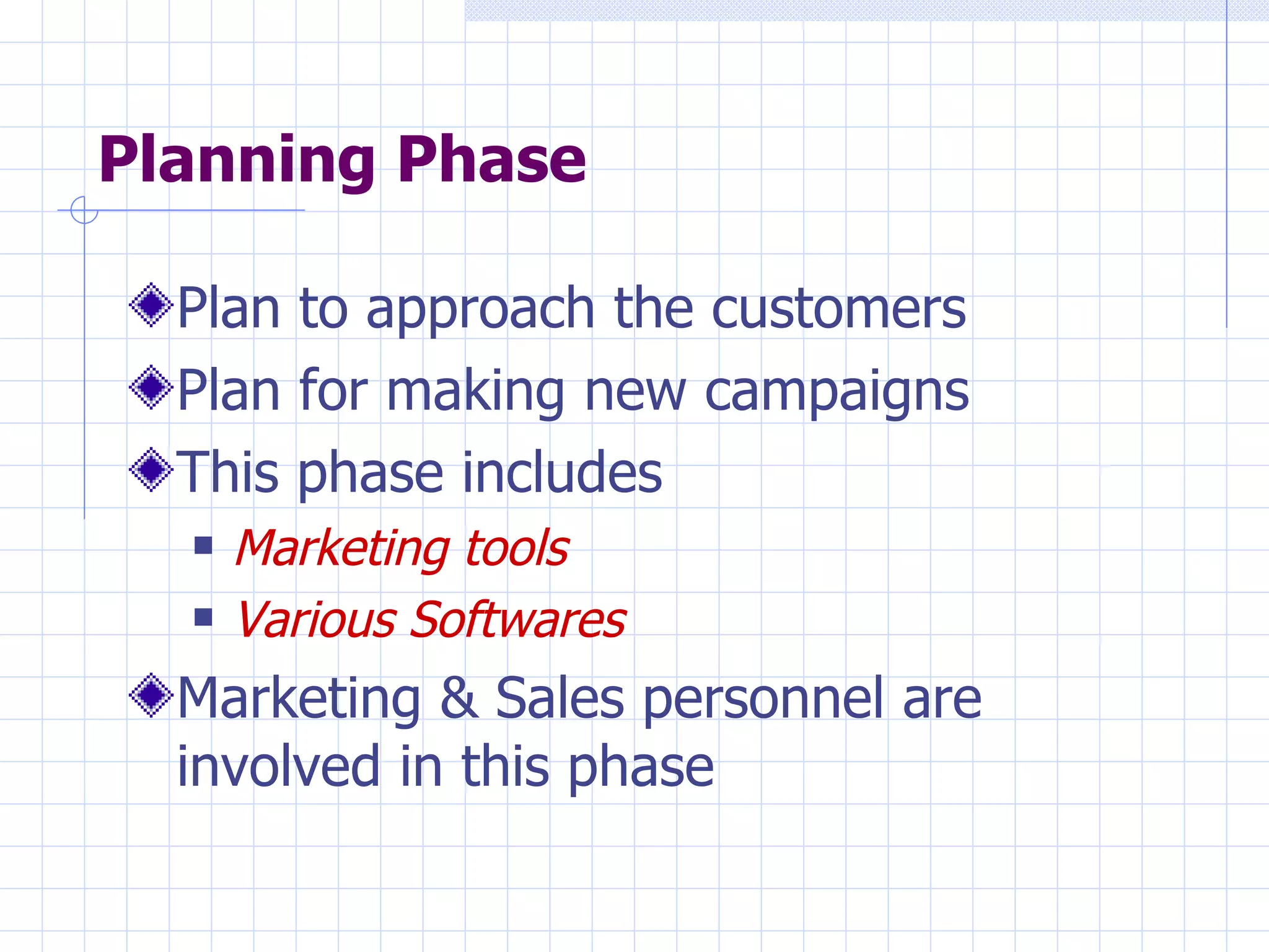 Planning Phase Plan to approach the customers Plan for making new campaigns This phase includes Marketing tools Various Softwares Marketing & Sales personnel are involved in this phase 