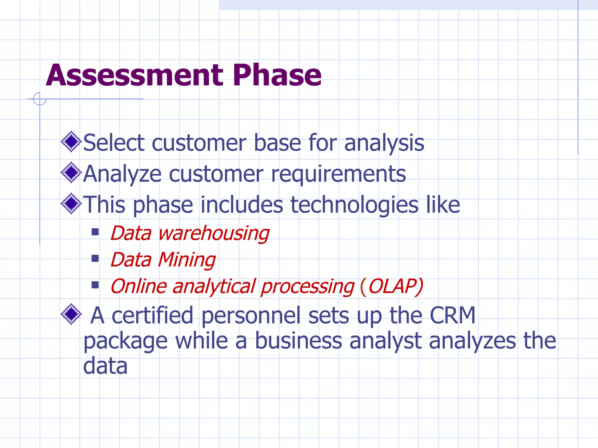 Assessment Phase Select customer base for analysis Analyze customer requirements  This phase includes technologies like Data warehousing Data Mining Online analytical processing   ( OLAP) A certified personnel sets up the CRM package while a business analyst analyzes the data 
