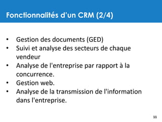 Fonctionnalités d’un CRM (2/4)
11
• Gestion des documents (GED)
• Suivi et analyse des secteurs de chaque
vendeur
• Analyse de l'entreprise par rapport à la
concurrence.
• Gestion web.
• Analyse de la transmission de l'information
dans l'entreprise.
 