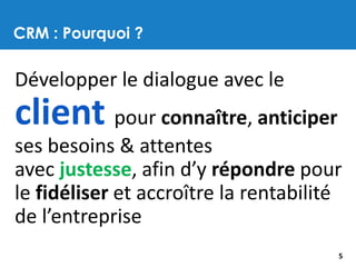 CRM : Pourquoi ?
5
Développer le dialogue avec le
client pour connaître, anticiper
ses besoins & attentes
avec justesse, afin d’y répondre pour
le fidéliser et accroître la rentabilité
de l’entreprise
 