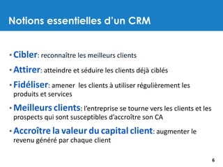 Notions essentielles d’un CRM
6
• Cibler: reconnaître les meilleurs clients
• Attirer: atteindre et séduire les clients déjà ciblés
• Fidéliser: amener les clients à utiliser régulièrement les
produits et services
• Meilleurs clients: l’entreprise se tourne vers les clients et les
prospects qui sont susceptibles d’accroître son CA
• Accroître la valeur du capital client: augmenter le
revenu généré par chaque client
 