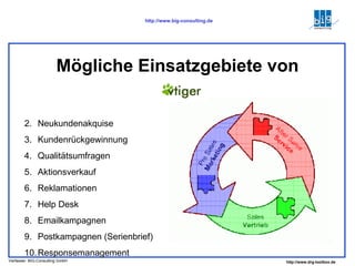 Mögliche Einsatzgebiete von Neukundenakquise Kundenrückgewinnung Qualitätsumfragen Aktionsverkauf Reklamationen Help Desk Emailkampagnen Postkampagnen (Serienbrief) Responsemanagement 