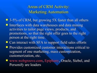 Areas of CRM Activity: Marketing Automation 3-5% of CRM, but growing 5X faster than all others Interfaces with data warehouses and data mining activities to tailor page views, products, and promotions, so that the right offer goes to the right person at the right time. Can interact with SFA to support field sales efforts Provides customized customer interactions critical to segment of one marketing, mass customization, customerization, etc.  www.webgroove.com ,  Epiphany , Oracle, Siebel, and Personify are leaders 