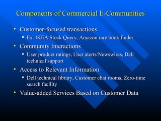Components of Commercial E-Communities Customer-focused transactions Ex. IKEA Stock Query, Amazon rare book finder Community Interactions User product ratings, User alerts/Newswires, Dell technical support Access to Relevant Information Dell technical library, Customer chat rooms, Zero-time search facility Value-added Services Based on Customer Data 
