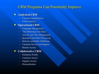 CRM Programs Can Potentially Improve Analytical CRM Customer Segmentation Trend Analysis Operational CRM Campaign Management Tele-Marketing/Tele-Sales Activity and Time Management Quotation and Order Processing Delivery and Order Fulfillment Customer Service and Support Remote Access Collaborative CRM Enterprise Portals Customer Access Supplier Access Personalization 