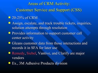 Areas of CRM Activity:  Customer Service and Support (CSS)   20-25% of CRM Assign, escalate, and track trouble tickets, inquiries, solution attempts through resolution Provides information to support customer call center activity Gleans customer data from those interactions and records it in SFA for later use Remedy ,  Siebel , Vantive, and Clarify are major vendors Ex., 3M Adhesive Products division 