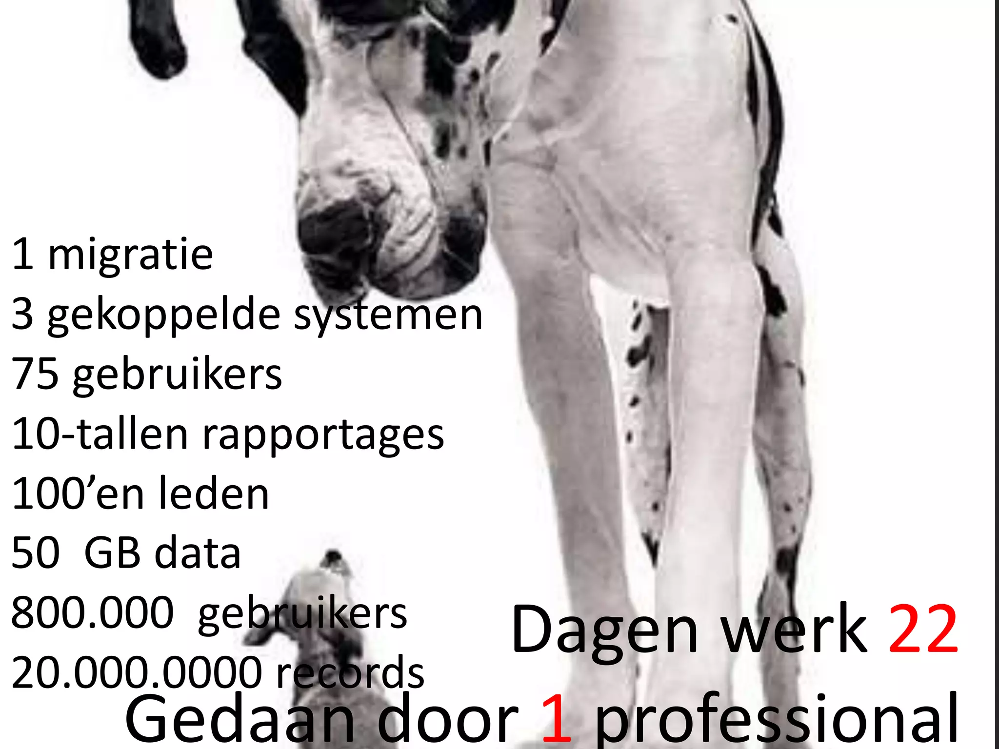 Wat zit er in
1 migratie
3 gekoppelde systemen
75 gebruikers
10-tallen rapportages
100’en leden
Dagen werk 22
Gedaan door 1 professional
50 GB data
800.000 gebruikers
20.000.0000 records
 