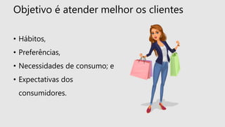 Objetivo é atender melhor os clientes
• Hábitos,
• Preferências,
• Necessidades de consumo; e
• Expectativas dos
consumidores.
 
