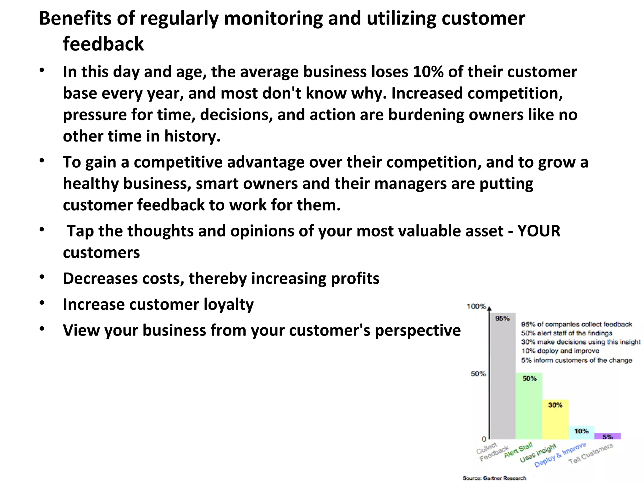 Benefits of regularly monitoring and utilizing customer feedback In this day and age, the average business loses 10% of their customer base every year, and most don't know why. Increased competition, pressure for time, decisions, and action are burdening owners like no other time in history.  To gain a competitive advantage over their competition, and to grow a healthy business, smart owners and their managers are putting customer feedback to work for them. Tap the thoughts and opinions of your most valuable asset - YOUR customers  Decreases costs, thereby increasing profits  Increase customer loyalty  View your business from your customer's perspective. 