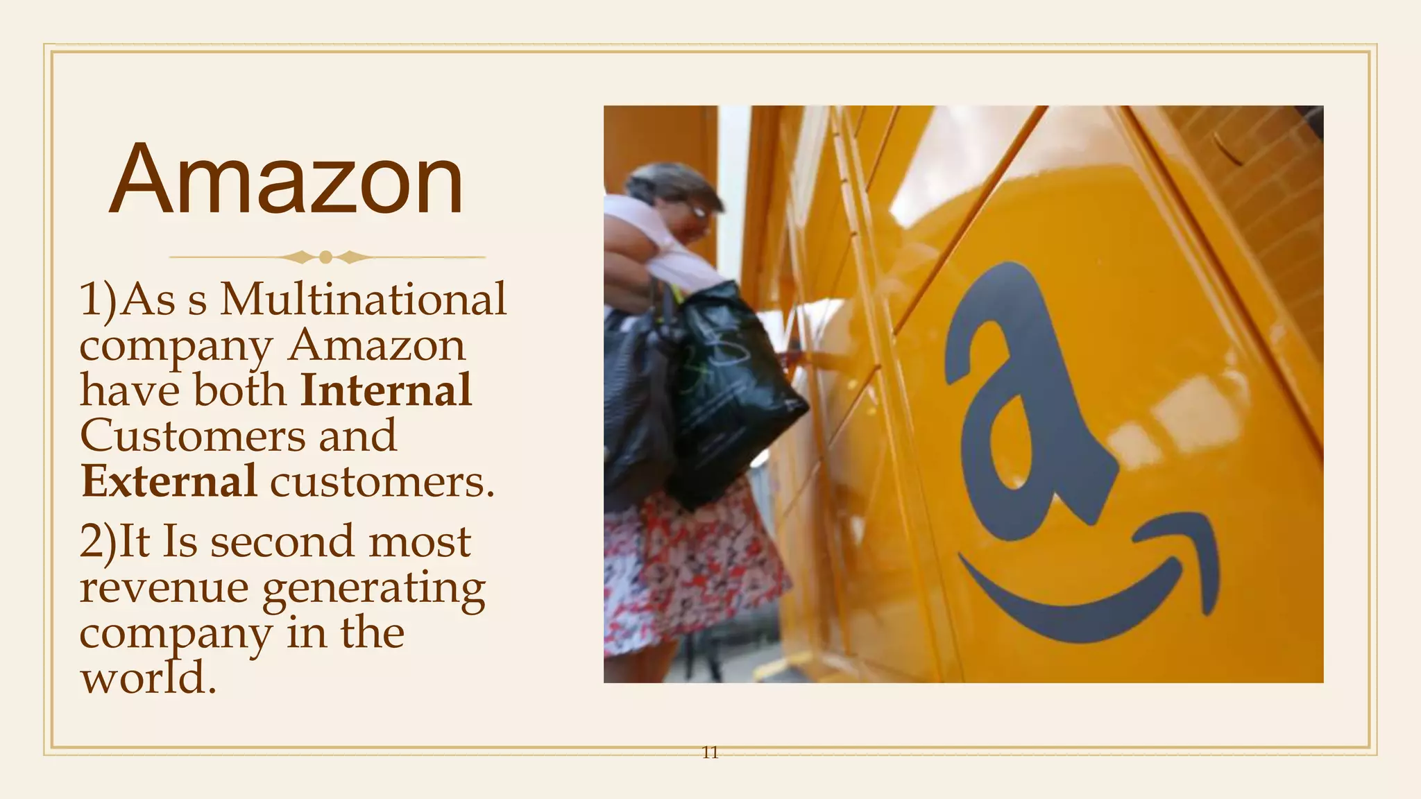 11
Amazon
1)As s Multinational
company Amazon
have both Internal
Customers and
External customers.
2)It Is second most
revenue generating
company in the
world.
 