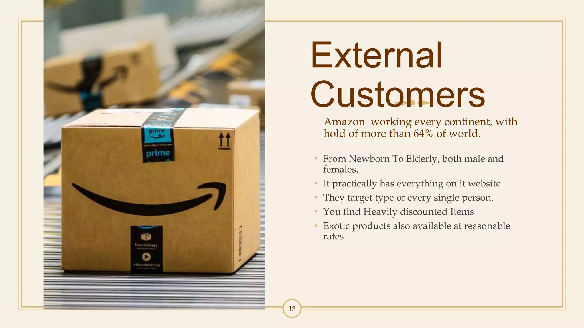 13
External
Customers
Amazon working every continent, with
hold of more than 64% of world.
• From Newborn To Elderly, both male and
females.
• It practically has everything on it website.
• They target type of every single person.
• You find Heavily discounted Items
• Exotic products also available at reasonable
rates.
 