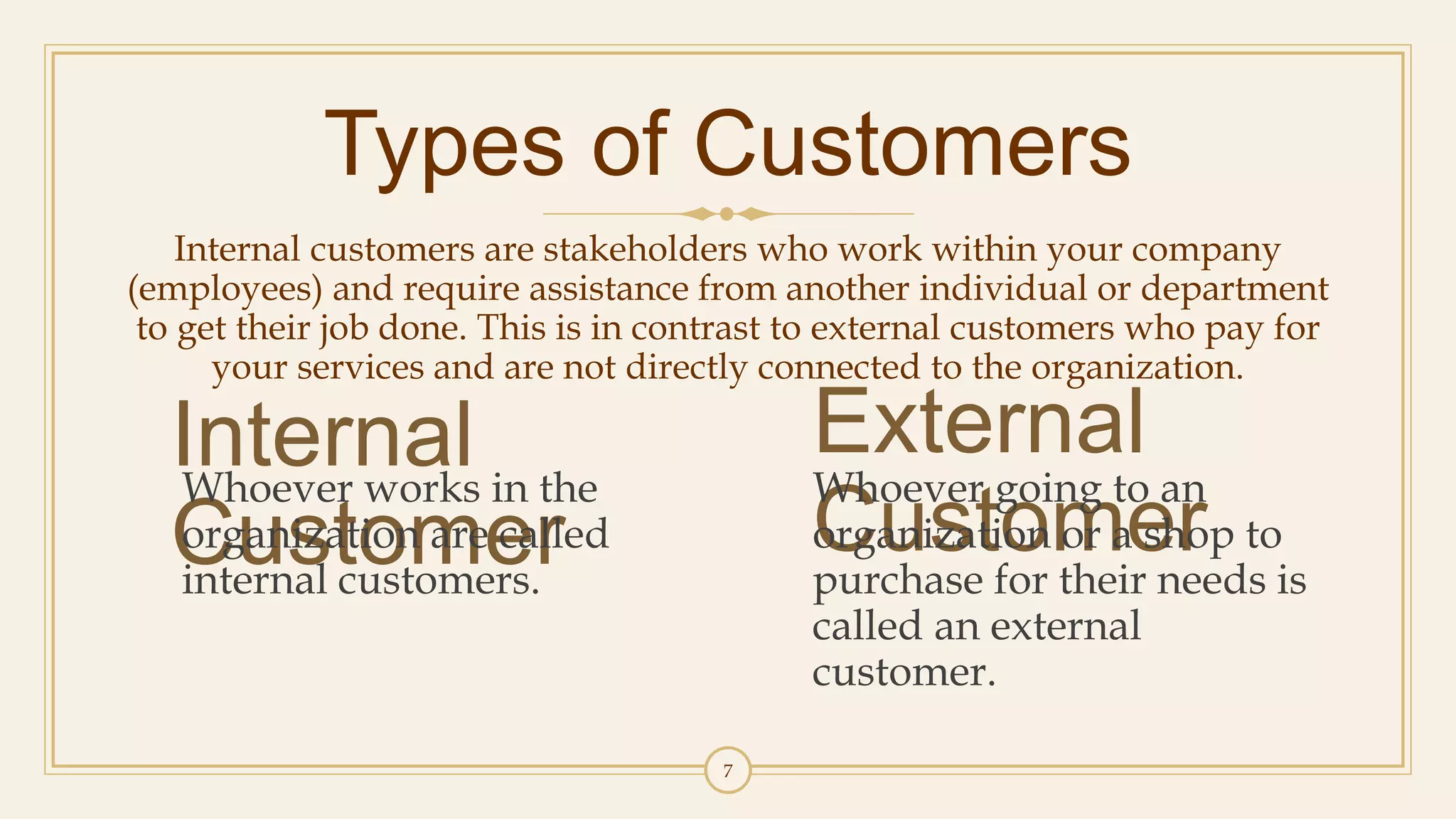 Types of Customers
Internal customers are stakeholders who work within your company
(employees) and require assistance from another individual or department
to get their job done. This is in contrast to external customers who pay for
your services and are not directly connected to the organization.
Internal
Customer
Whoever works in the
organization are called
internal customers.
External
Customer
Whoever going to an
organization or a shop to
purchase for their needs is
called an external
customer.
7
 