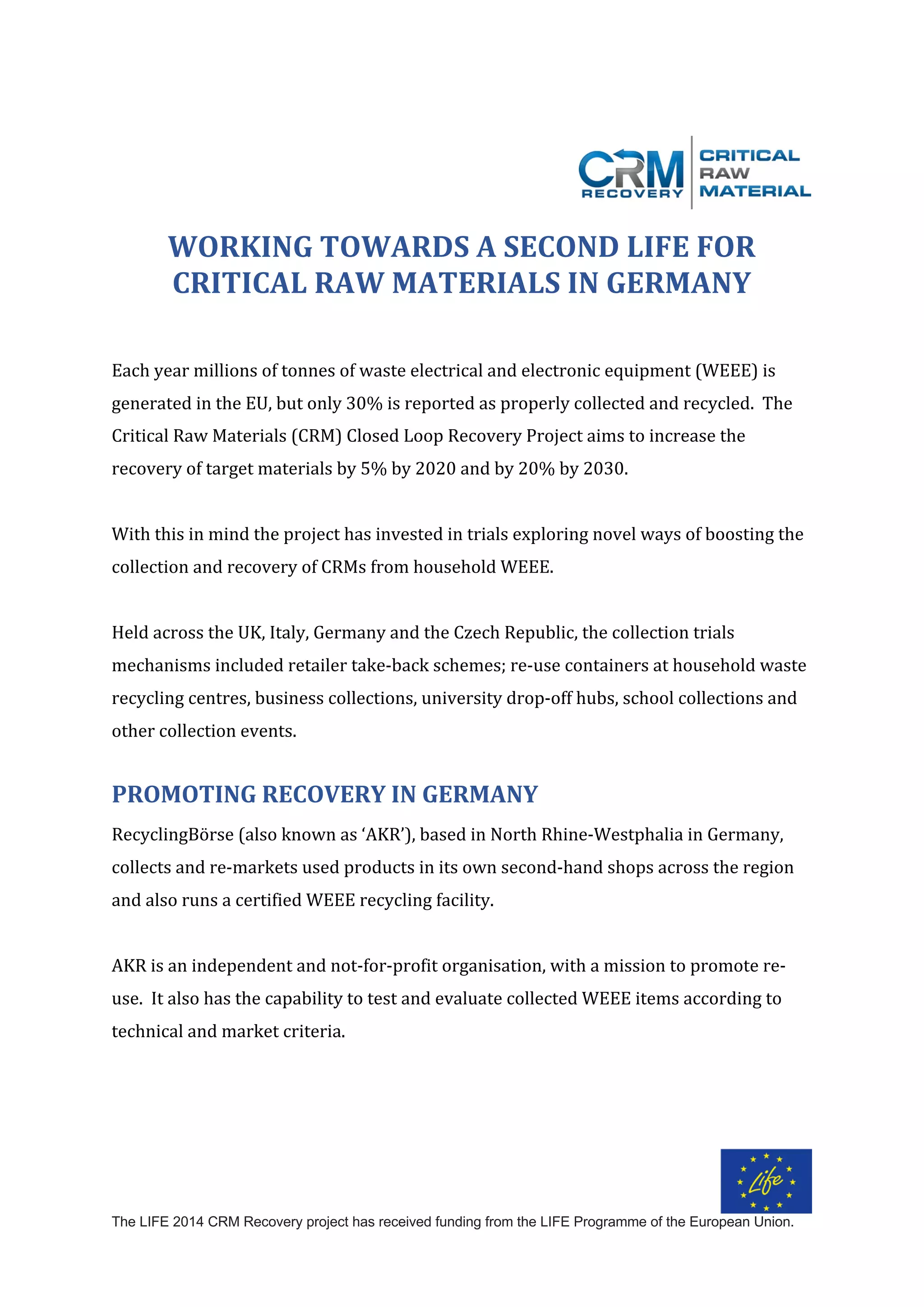 Critical Raw Materials Working towards a second life for Critical Raw