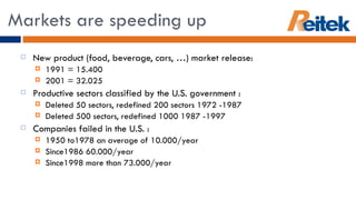 Markets are speeding up New product (food, beverage, cars, …) market release:  1991 = 15.400 2001 = 32.025 Productive sectors classified by the U.S. government  : Deleted 50 sectors, redefined 200 sectors 1972 -1987 Deleted 500 sectors, redefined 1000 1987 -1997  Companies failed in the U.S.  : 1950 to1978 an average of 10.000/year Since1986 60.000/year Since1998 more than 73.000/year 
